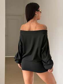 StreetHx Women's Black Y2K Baddie Street Wear Casual Punk Off Shoulder Oblique Shoulder Eyelet Long Sleeve Dress, Suitable For Daily Wear, Autumn/Winter, Black Off Shoulder  Dress,, Black Concert  Dress,