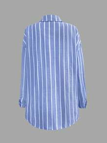 Cévolie Blue & White Striped Loose Front Button Shirt And Shorts Casual Set - Blue - View 5
