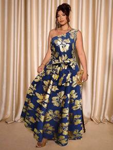 Cravure Đầm dự tiệc thanh lịch họa tiết hoa lá cỡ lớn cho nữ, cổ không đối xứng, buộc eo, viền loe - Màu xanh hải quân - Xem 8