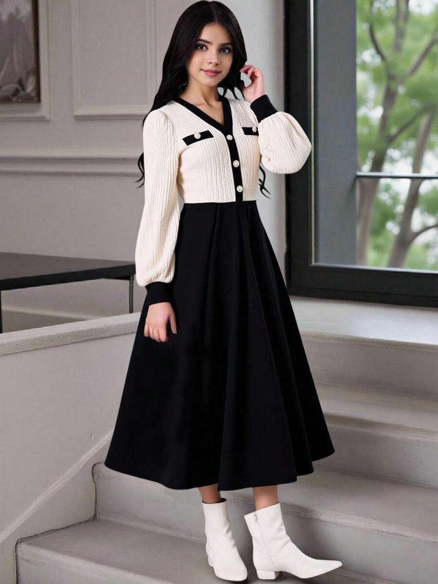 SHEIN 少女优雅提花V领金属纽扣装饰长袖修身针织连衣裙，休闲户外派对连衣裙，春秋季 - 杏色 - 查看 1