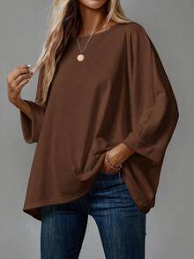 EMERY ROSE Plus Size Casual Jednokolorowy Luźny T-shirt z Okrągłym Dekoltem Długi Rękaw, Jesień Jesień Bluzki Damskie Bluzki Plus Size Skromne Bluzki Oversize Zestaw Koszulek Damskie/Zima 2 Zestawy Bluzek Damskie Bluzki - Wielokolorowe - Zobacz 5