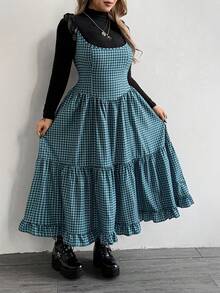 Whyspr Fashionable Square Neck Strap Plaid Dress For Women