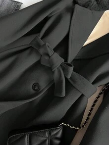 Elegant Sophisticated Long Cinched Waist Wool Blend Coat With Fur Collar For Tween GirlsKhaki, Slim Fit, Fashionable - Black - View 4