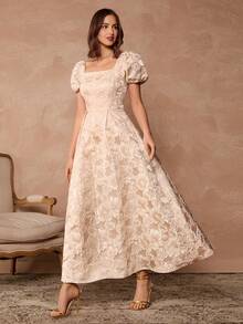 Enchnt Váy dự tiệc Maxi tay bồng cổ vuông chất liệu Jacquard thanh lịch, thắt eo cho nữ - Bụi hồng - Xem 4