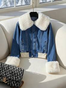 GlowEve 女士时尚短款流苏下摆长袖牛仔外套 - 藍色 - 查看 1