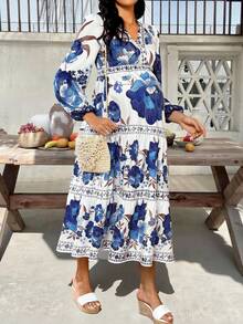 SHEIN Maternity Floral Print Lantern Sleeve Ruffle Hem Dress For Vacation,Maternity Clothes - Blue - View 7