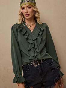 Freevana Women's Elegant Ruffle Collar V-Neck Long Sleeve Blouse, Suitable For Vacation, Autumn/Winter Army Green Tops