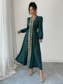 Rafferiza 优雅的中东风情派对及节日连衣裙，祖母绿立领长袖刺绣金色花卉饰边腰部A字中长连衣裙，适合秋冬春季穿着。 - 墨綠色 - 查看 6