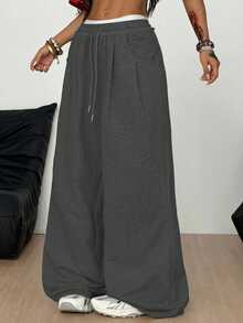 Coolane 女士夏季街头休闲运动必备单品法式灰弹力腰直筒裤 - 深灰色 - 查看 2