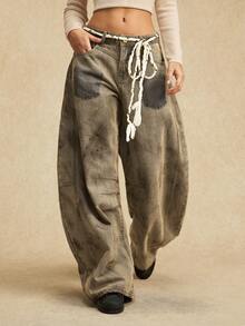 Easelle Casual Loose Wide-Leg Versatile Daily Button-Up Women Jeans - Khaki - View 5