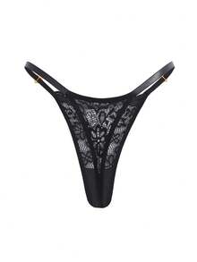SHEIN Culotte tanga sexy et confortable pour femmes avec décoration de fleurs en dentelle et strass en forme de cœur - Noir - Voir 5