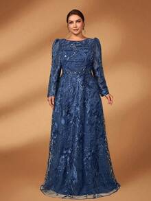 Serin Stunning Plus Size Mother Of The Bride Navy Blue Maxi Dress Mesh Fabric Long Sleeve Round Neck A Line - Navy Blue - View 1