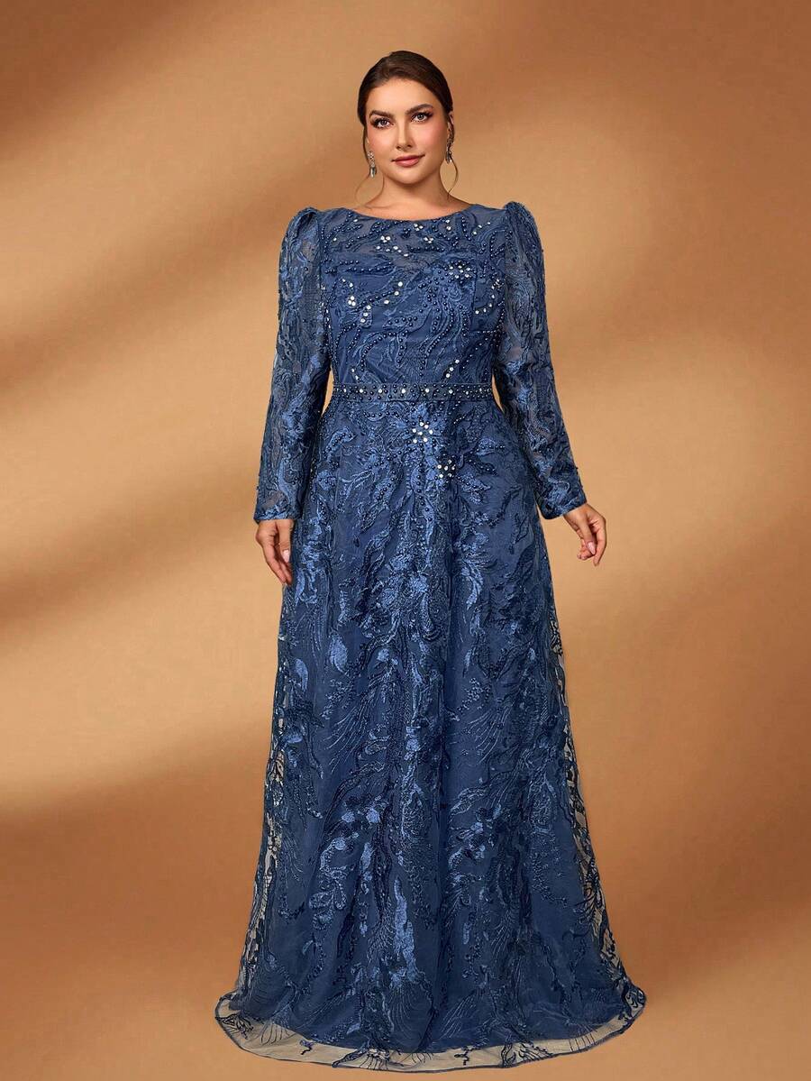 Serin Stunning Plus Size Mother Of The Bride Navy Blue Maxi Dress Mesh Fabric Long Sleeve Round Neck A Line - Navy Blue - View 1