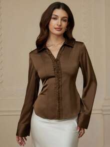 BELROSIE Satin Fabric, Tie-Back Waist Decor, Ruffle Hem Design Elegant & Versatile Long Sleeve Blouse - Coffee Brown - View 4