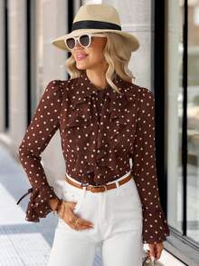 Solivie Damen Polka Punkt Muster Patchwork Volant Glockenärmel Braun Elegante Bluse, Elegante Bluse Frühling - Verschiedenfarbig - Übersicht 7