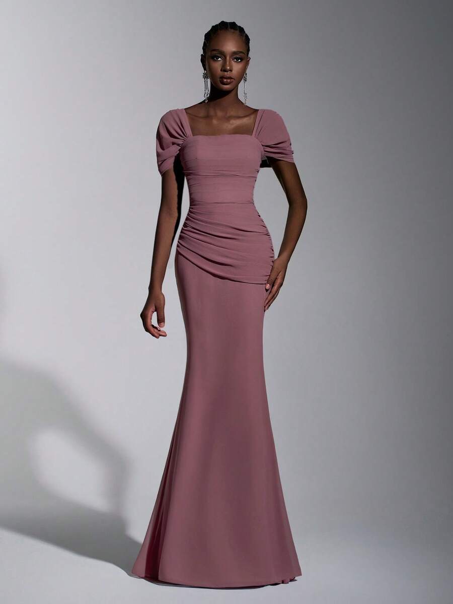 Elitara Elegant Lotus Pink Chiffon Off Shoulder Ruffle Front Slim Fit Fishtail Dress, Suitable For Dates, Vacations, Singles Parties, Weddings, Bridesmaid - Dusty Pink - View 1