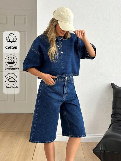 EURMUSE WOMEN Two Pieces OUTFIT DENIM TOP AND JORT SHORT HIGH WAIST JEAN