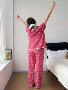 Dream Adore All-Over LOVE Print Romantic Bubble Crinkle Casual Women Pajama Set - Pink - View 3