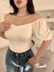 Feyla 女士时尚优雅纯色甜心领珍珠装饰衬衫 - 杏色 - 查看 2