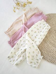 SHEIN 3pcs Baby Girls' Casual Ditsy Floral Pants With Ruffle Hem, Spring/Autumn Set