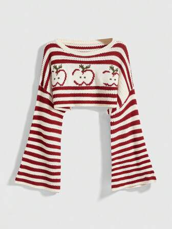 Kawaii Süßer Mori-Stil Apfel Muster Crop Loose Flare Ärmel Pullover
