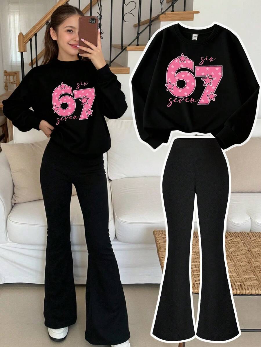 Sparklyn Tween Girl Pink Numeral Print Crew Neck Long Sleeve Sweatshirt And Flare Leg Pants Set - Black - View 1