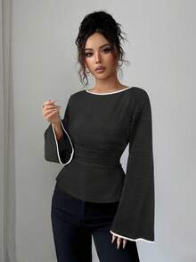 Siren Gaze 女士撞色吊带长袖圆领上衣 - 黑色 - 查看 8