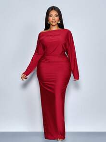 SOLERSUN 大码女装秋冬优雅不对称领长袖褶皱修身连衣裙，适合圣诞派对、度假和约会，红色连衣裙，长款连衣裙，女士奢华晚礼服，性感连衣裙，优雅连衣裙，正式连衣裙，派对连衣裙，性感连衣裙，婚礼宾客连衣裙，2026，新年，情人节 - 酒紅色 - 查看 5