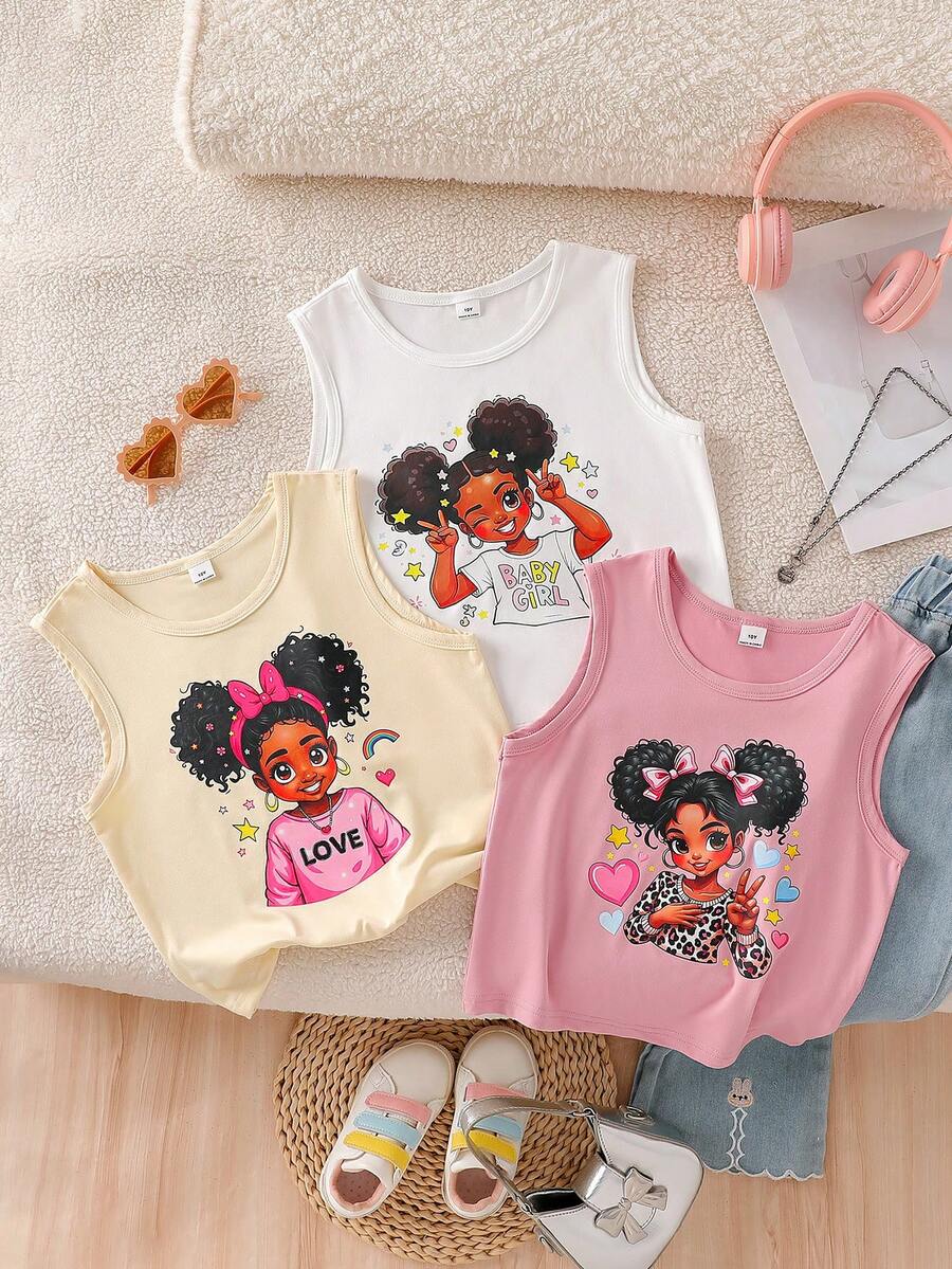 Sparklyn 3pcs/Set Tween Girls' Fashionable Cartoon Graphic Tank Tops - Apricot - View 1