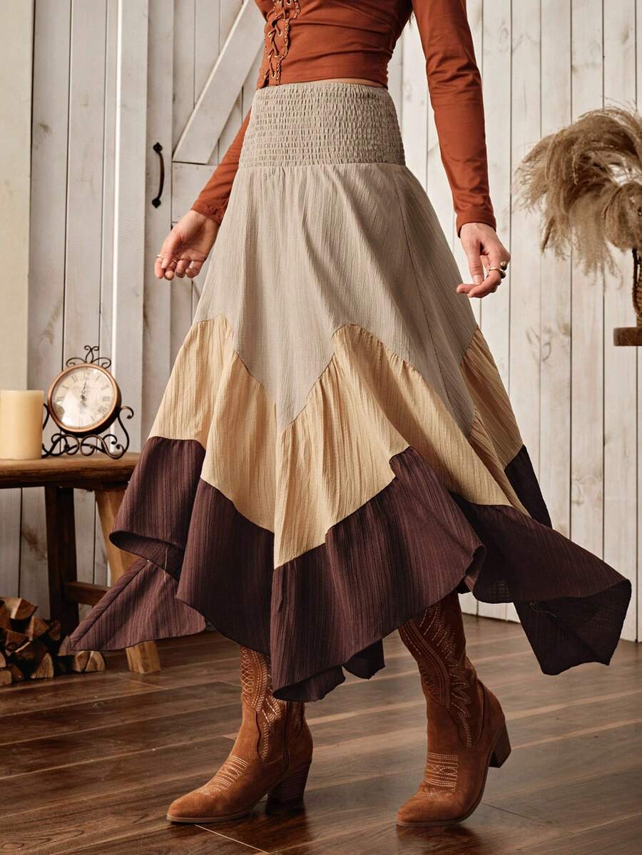 Wildy BOHO Casual Country Style Color Block Asymmetrical Hem Skirt For Women, Versatile Basic For Daily Wear, Autumn/Winter/All Season - Multicolor - View 1