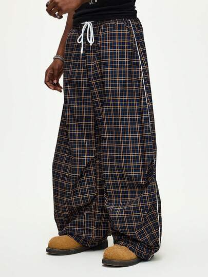 Pantaloni casual a gamba larga a quadri da uomo