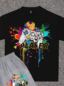 2pcs Tween Boys Casual Minimalist Colorful Pattern Stylish Game Controller Graphic Print Round Neck Short Sleeve T-Shirt And Shorts Set, Suitable For Summer - Grey - View 5