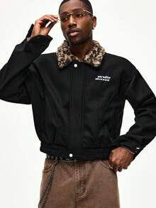ROMWE MEN Men's Leopard Print Collar Overcoat, Collegiate Style, Autumn/Winter - Black - View 5