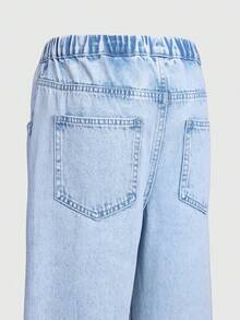 SHEIN 少女时尚水洗做旧印花阔腿牛仔裤，适合休闲、工作、聚会、度假、秋冬季返校等场合。 - 藍色 - 查看 7