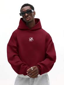 SUMWON Áo hoodie dáng rộng, vai rớt, màu đỏ tía, in hình Chicago và logo bóng chày, thích hợp cho phong cách đường phố thường ngày mùa đông. - Đỏ - Xem 2