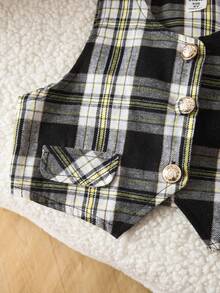 Emery Rose Kids Emery Rose Kids 3pcs/Set Young Girls Elegant Gold Button Vest, Ruffle Collar Shirt, And Pleated Plaid Skirt Suit, Suitable For Autumn/Winter, Party, Daily Wear, Christmas, School, Matching Sister Outfits - Black and White - View 6