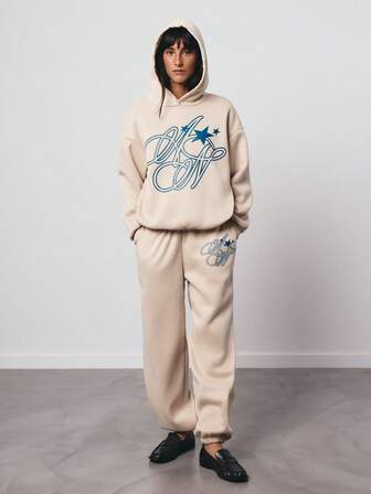 SURIMA 2pcs/Set Casual Beige Color Minimalist Pattern Hooded Long Sleeve Loose Fit Women Outfit, Suitable For Spring/Autumn