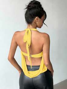 Aloruh Áo hở lưng hở cổ bán trong suốt gợi cảm mới với họa tiết kim loại hiện đại - Màu vàng - Xem 2