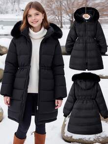 Sparklyn 1件女童休闲连帽绗缝加厚拉链外套 - 黑色 - 查看 6