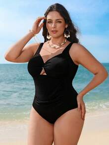 Swim Lushoire 加大码女士黑色纹理褶皱腰部显瘦性感紧身沙滩派对连体泳衣 - 黑色 - 查看 4