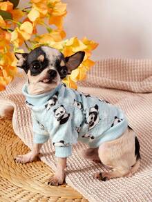 PETSIN 1件可爱熊猫法兰绒宠物服，加厚蓝色法兰绒保暖宠物服装 - 藍色 - 查看 2