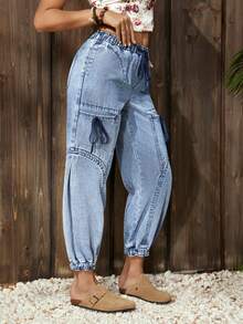 EMERY ROSE Women's Elegant Casual Distressed Denim Jeans With Multiple Pockets And Bow Tie Waist Design, Relaxed Fit - Blue - View 6