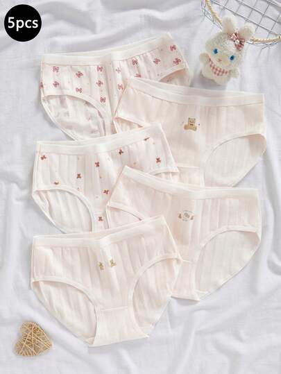 Tween Girls Underwear 5-Pack Set - Pink Cute Print Underwear 5-Piece Set Cute Print Design Pink Sweet Color Breathable Comfortable Tween Girl Underwear 5-Pack Combo Social Media Style Sweet 2026 New Year Holiday Essential Autumn Winter Tween Girls Cute Print Underwear 5-Pack