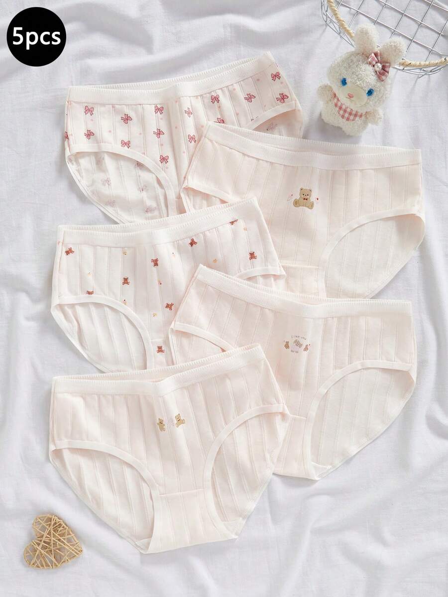 Tween Girls Underwear 5-Pack Set - Pink Cute Print Underwear 5-Piece Set Cute Print Design Pink Sweet Color Breathable Comfortable Tween Girl Underwear 5-Pack Combo Social Media Style Sweet 2026 New Year Holiday Essential Autumn Winter Tween Girls Cute Print Underwear 5-Pack - Multicolor - View 1