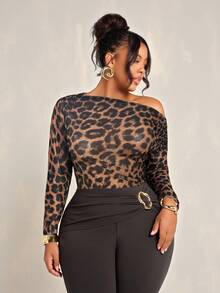 SHEIN SXY 大码女装春夏优雅性感日常简约时尚休闲网纱透视豹纹不对称连体衣 - 彩色 - 查看 6