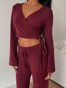 SHEIN MOOSTA Women's Casual Fashion Versatile Commute Elegant Criss-Cross Tie Warm Soft Knit Cardigan And Pants Two Pieces Sweater Set, Autumn/Winter - Burgundy - View 6