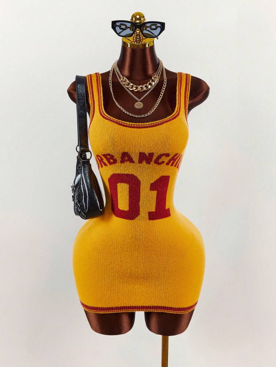 Amplova Váy ôm sát mini họa tiết số màu tương phản, cổ tròn, trang phục thường ngày dạo phố - Nhiều màu - Xem 1