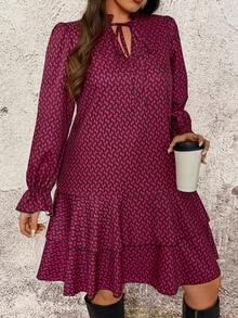 Breezaya Plus Size Women Geometric Print Ruffle Hem Long Sleeve Casual Swing Dress Lantern Sleeve Dress Patterned Dress - Burgundy - View 9
