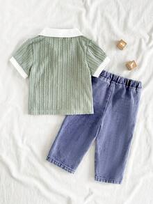 SHEIN Vintaside Kids 这款男童百搭休闲翻领短袖上衣搭配时尚水洗牛仔裤套装，适合日常穿着、家庭露营、外出就餐或购物。 - 軍綠色 - 查看 3