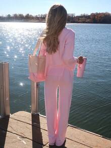 Sydney Algeri Women's Casual Solid Color Knitted Sweater And Pants 2 Pieces Set, Autumn/Winter - Baby Pink - View 2